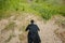 Close up view of shadow of a man on sandy earth landscape. Beautiful backgrounds