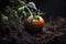 A close-up view shows a tomato plant growing in a garden filled with nutrient-rich, dark soil. AI