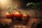 A close-up view shows a tomatoes plant growing in a garden filled with nutrient-rich, dark soil. AI