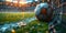 Close-up view of soccer ball on rainy field. atmospheric evening match vibe. sports background with focus on detail