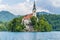 A close up view from the southern shore across Lake Bled towards the island in Bled, Slovenia