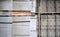 Close-up view of stacked cement bricks in a construction factory in Spain