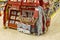 Close up view of stand with all necessary Christmas accessories for wrapping presents and gifts. Europe.