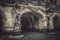 Close-up view of the statue of scary gatekeeper, medieval warrior with weapon. City gate under the Georgenbau in Dresden old town.