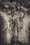 Close-up view of the statue of scary gatekeeper, medieval warrior with weapon. City gate under the Georgenbau in Dresden old town.