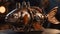A close up view of a steampunk clown fish, with copper scales, brass fins,