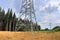 Close up view on a steel power pylon with high voltage power lines