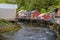 A close up view of stilted buildings in the Creek in Ketchikan, Alaska