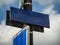 Close up view of street blue street sign.