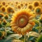 Close-up view of a sunflower head, with a field of sunflowers in background