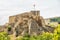 Close up view of Surami Fortress in Georgia with flag