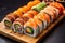 Close-up view of sushi rolls on a bamboo platter. Generative AI.