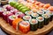Close-up view of sushi rolls on a bamboo platter. Generative AI.