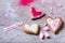 Close-up view of sweet gourmet heart shaped valentines cookies