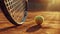 Close Up View Of A Tennis Racket And Ball On Clay Court, Capturing The Texture Of The Red Clay