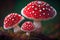 Close up view of three red fly agaric mushrooms, Ai generated image
