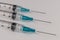 Close up view of a three syringes with hypodermic needles. Opiate and heroin overdoses have skyrocketed in recent years V