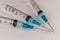 Close up view of a three syringes with hypodermic needles. Opiate and heroin overdoses have skyrocketed in recent years VI