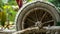 Close up view of tire of an old rusty 3-wheeled wheelbarrow with plant nature background