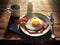 Close up view of toast, fried eggs and coffee on wooden table. Generative AI