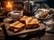 Close up view of toast, fried eggs and coffee on wooden table. Generative AI