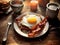 Close up view of toast, fried eggs and coffee on wooden table. Generative AI