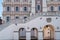 Close up view of the Town Hall, arches and steps in the historic Great Market Square in Zamosc Poland.