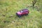 Close up view of toy radio controlled SUV model standing on green grass.