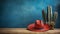 Close-up view of a traditional mexican cactus and sombrero on a weathered, textured wall backdrop