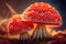 Close up view of two red fly agaric mushrooms, Ai generated