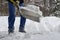 Close up view of an unidentifiable person shoveling deep snow