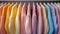 Close-up view of a variety of colorful youth cashmere sweaters and hoodies on a clothes rack, highlighting the detailed