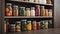 Close Up View Variety of Nonperishable Food Staples And Preserved Foods in Jars On Kitchen Shelf. Generative AI