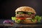 A close-up view of a veggie burger served on a wooden tray.