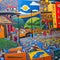 A close-up view of a vibrant mosaic mural, depicting a vibrant scene filled with diverse characters and symbols5, Generative AI