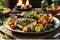 A Close-Up View of a Vibrant, Steaming Dish Showcasing an Assortment of Grilled Vegetables and Tender Herbs