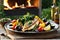 A Close-Up View of a Vibrant, Steaming Dish Showcasing an Assortment of Grilled Vegetables and Tender Herbs