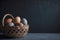 Close-up View of a Vibrantly Colored Easter Egg-filled Basket against a Dark Background, Capturing the Festive and Joyful Essence