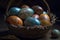 Close-up View of a Vibrantly Colored Easter Egg-filled Basket against a Dark Background, Capturing the Festive and Joyful Essence