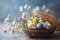 Close-up View of a Vibrantly Colored Easter Egg-filled Basket Surrounded by Fresh Spring Flowers against a Soft Blurred Background