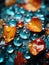 a close up view of water droplets on an orange and blue leaf