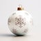 Close up view of white Christmas ball with snowflakes. Decoration shiny bauble isolated white background. Minimalist design of