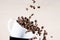 Close up view of white cup standing on black cup with falling down brown roasted coffee beans.