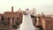 Close-up view of white seagull sitting on the roof. Little bird raises one paw and a wing. Old city on the background.