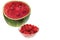 Close up view of whole and diced watermelon on white background