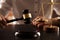 Close up view of woden gavel and libra on the table.