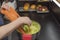 Close up view of woman shredding cabbage. Healthy eating concept