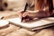 Close up view of womans hand writing with pen on notebook on wooden table.