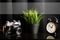 Close up view of work table with camera, clock and houseplant on black table. High quality photo
