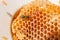 Close up view of the working bee on the honeycomb with sweet hon